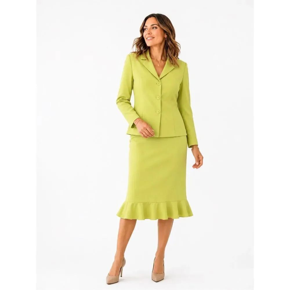 Vintage J.G. Hook Lime Green Skirt Suit Set Size 12 Y2K Career Chic